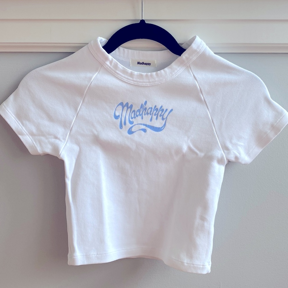 Madhappy White Crop Top with Light Blue Logo